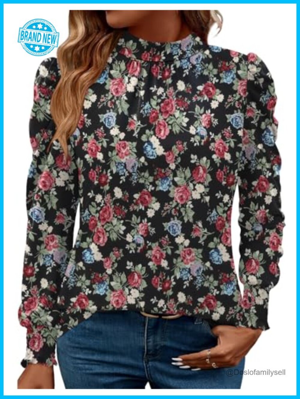 Women's Puff Long Sleeve Blouse Frill Mock Neck Smocked Cuffs Peasant Top
